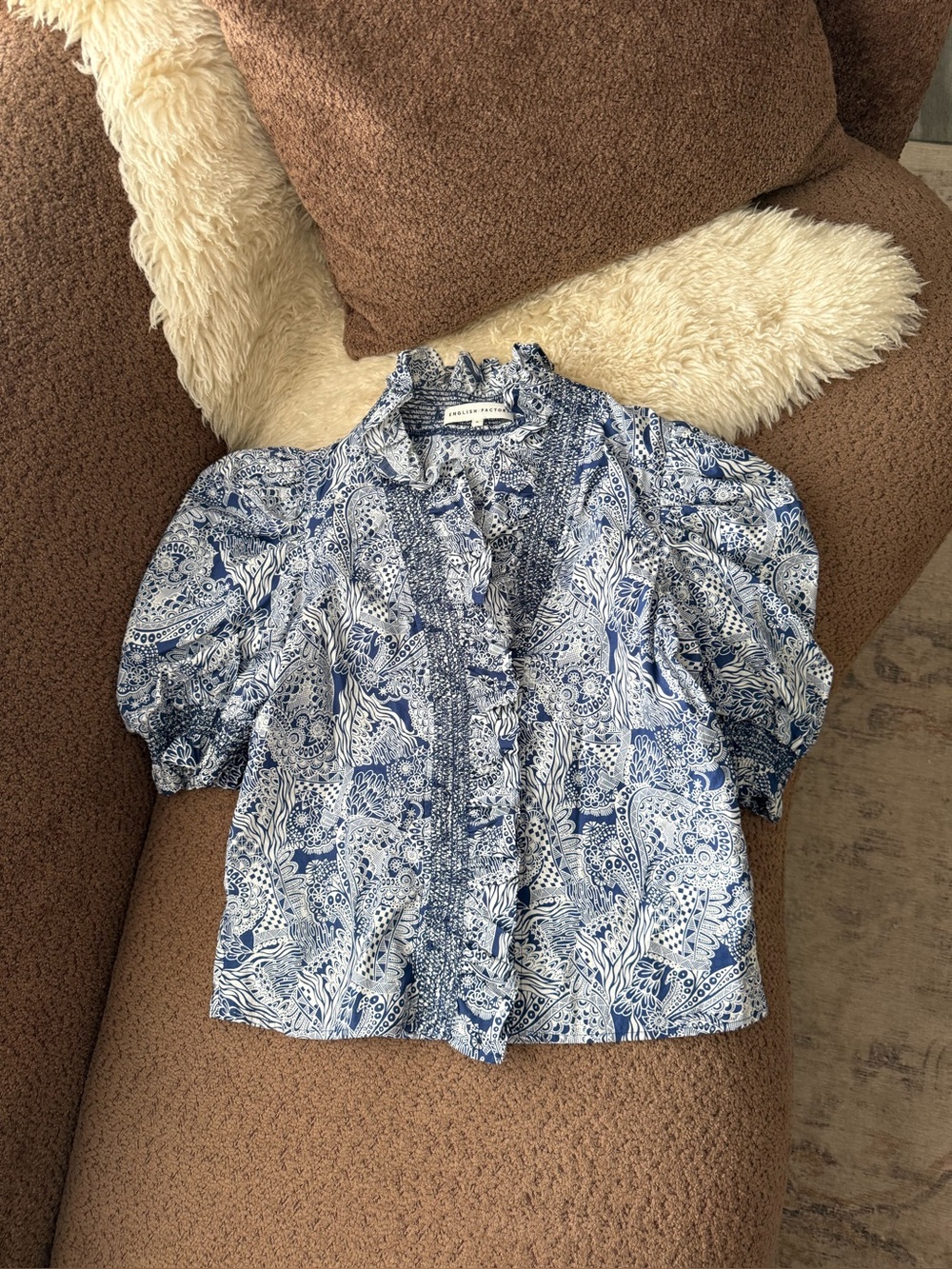 English Factory Navy Geo Floral Ruffle Neck Aria Blouse